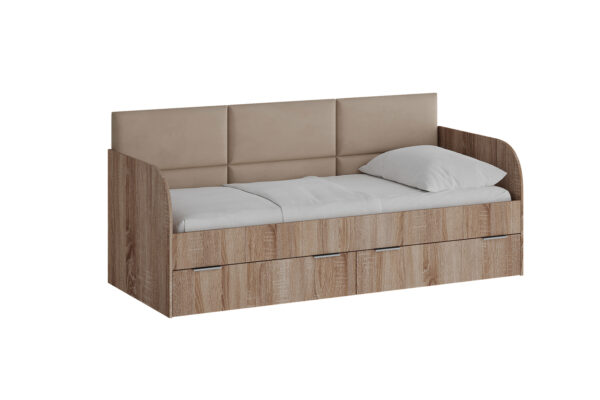 Кровать Фрита с выдвижными ящиками и мягким изголовьем дуб сонома